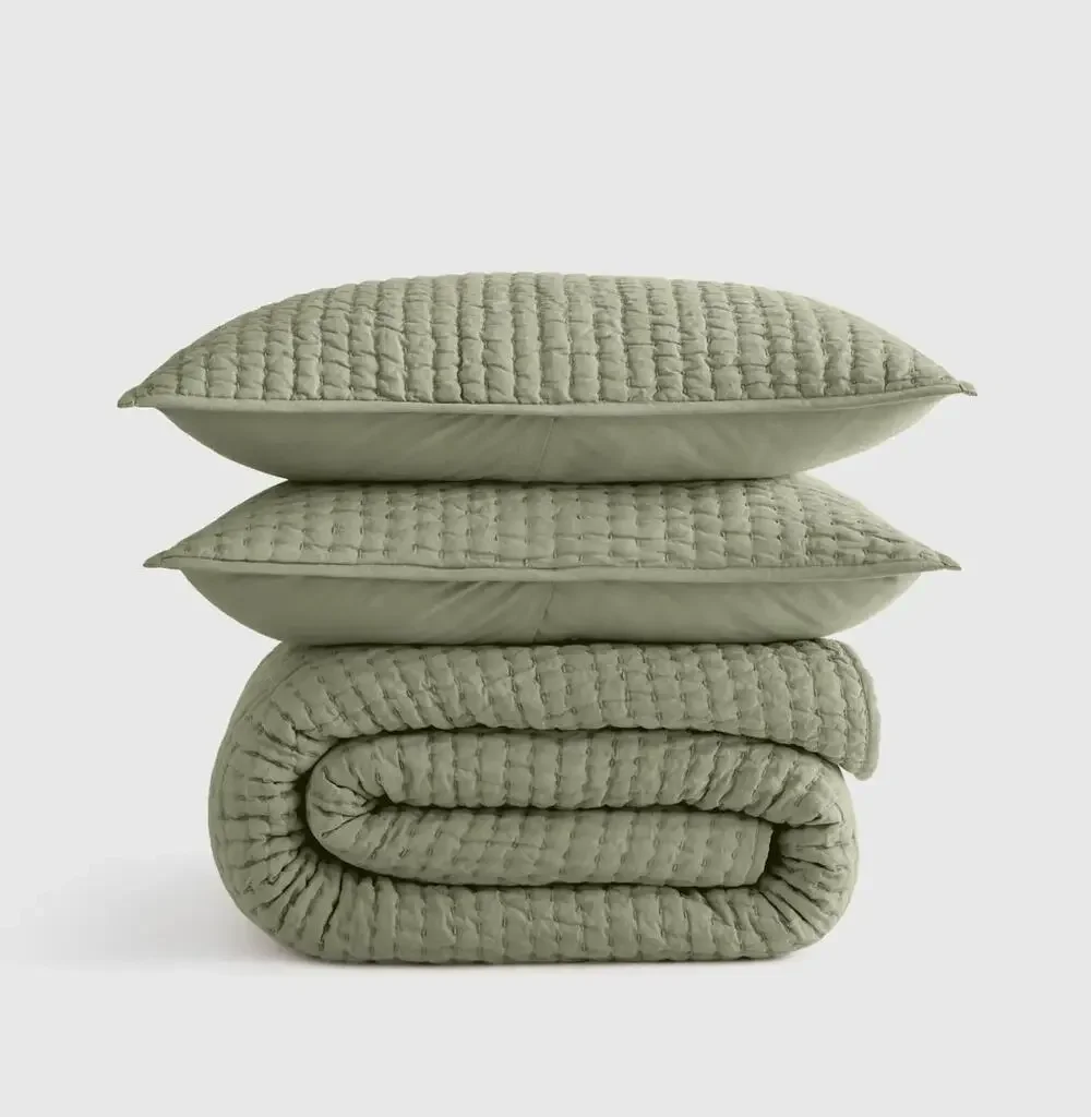 New Quince European Linen Cotton Stitch Quilt 3Pc Set Full Queen Sage $190 MSRP